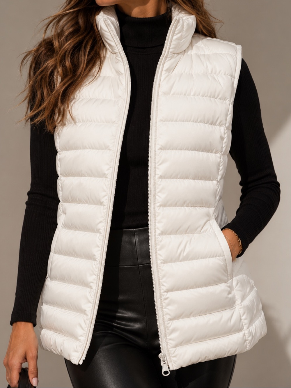 J.Jill White Quilted Puffer Vest Full Zip Lightweight Size Large